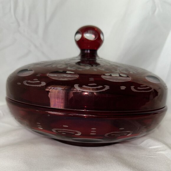 Bohemian Red Cut-to-Clear Candy Dish with Lid - Picture 2 of 8